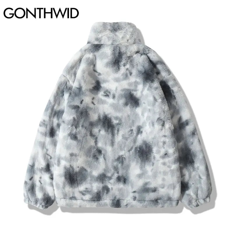 Hip Hop Winter Faux Fur Fleece Jacket Streetwear Men Harajuku Tie Dye Heart Fuzzy Jackets Warm Coats 2023 Casual Zipper Coats