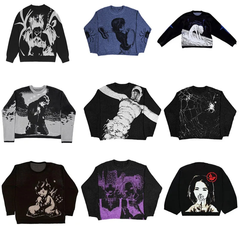 Harajuku Vintage Cartoon Sweater Anime Print Jumper Oversize Men Sweaters Y2K Gothic Punk Streetwear Knit Pullover Autumn Winter
T-Shirt