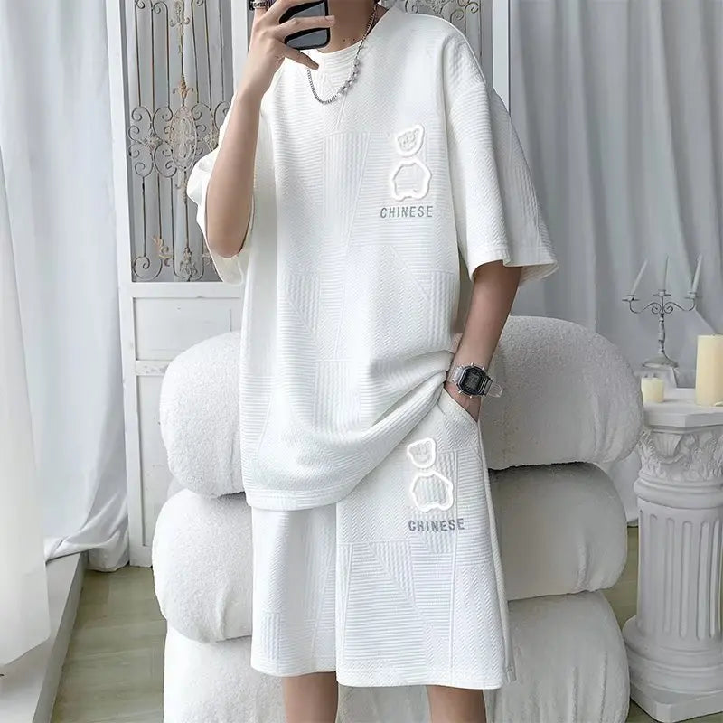 Summer Men's Sets Korean Fashion Men Clothing Tracksuit Men Casual Short Sleeve T-Shirts +Shorts 2 Piece Set Men S-6XL