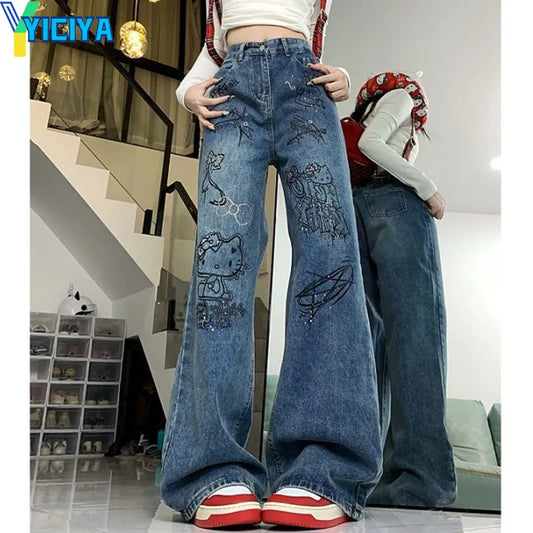 YICIYA y2k style blue jeans hellokitty Women streetwear Full Length baggy pants Denim STRAIGHT Trousers Aesthetic clothing pants