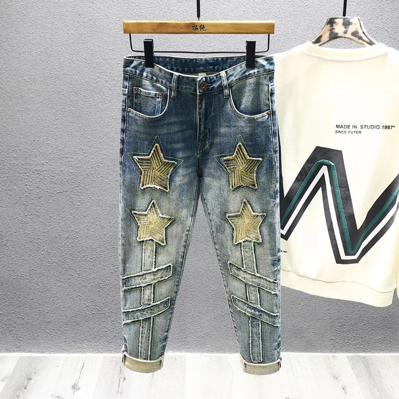 New Embroidery Stars Designer Splicing Jeans Men's Korean Fashion Retro Distressed Patchwork Stretch Slim Male Baggy Denim Trousers