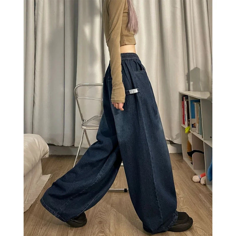 Spring Women Vintage Baggy Jeans Elastic Waist Oversized American Trouser Denim Wide Leg Streetwear Straight Basic Pants Y2k