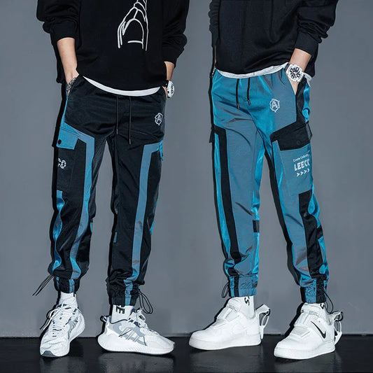 Hip Hop Streetwear Baggy Pants Men Student Casual Cargo Pant Trousers High Street Elastic Waist Loose Laser Harem Pant Boys