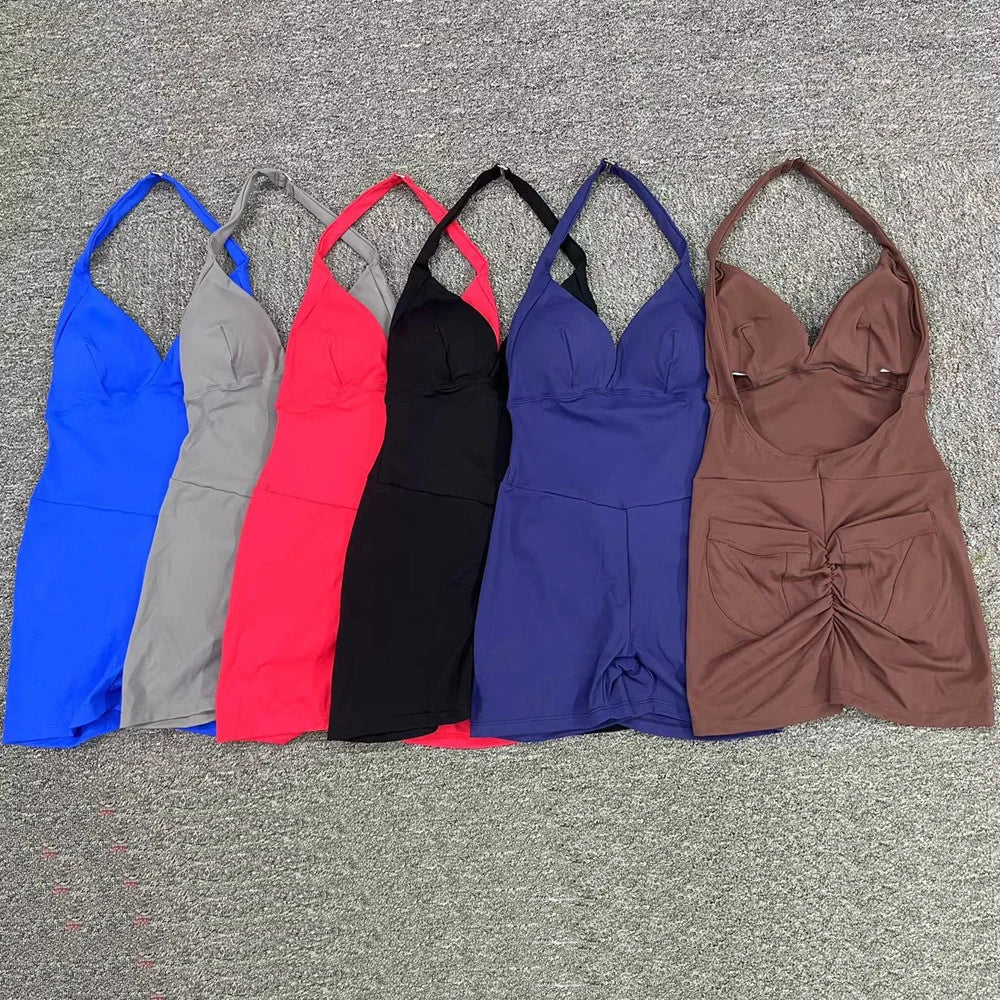 Pad Halter V Scrunch Romper Women One Piece Jumpsuit Workout Yoga Set Open Back Gym Clothing Scrunch Proof Butt Gym Active Suit