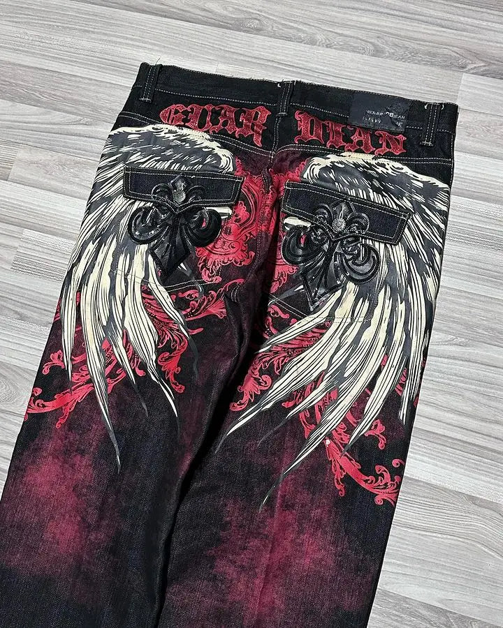 Gothic Y2 Baggy Jeans for Men Oversized Wings Pattern Tie Dye Black Denim Trousers Hip Hop Harajuku Wide Leg Pants Streetwear