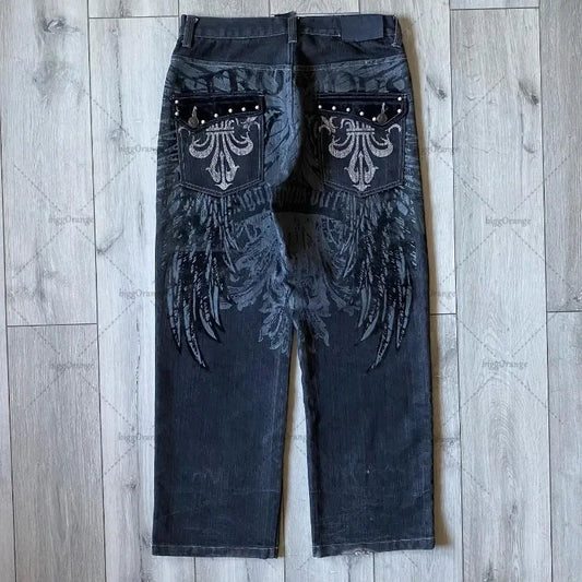 European and American Fashionable Wide-leg Pants Cargo style Men High-waisted Washed Straight Pants Y2k Wings Print Oversized Jeans Women