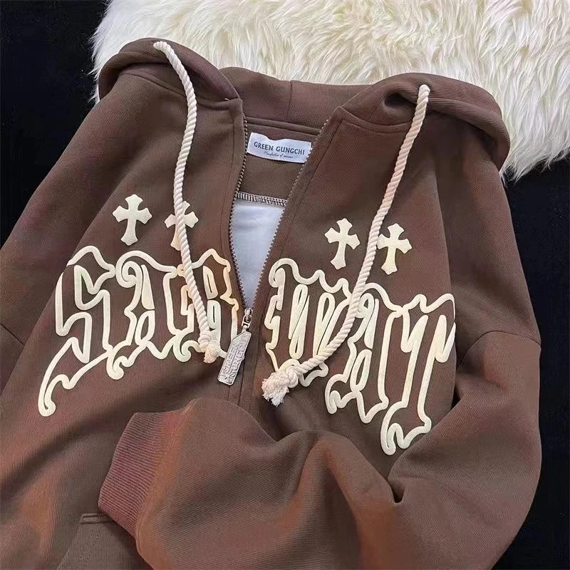 Goth Embroidery Hoodies Women High Street Harajuku Retro Hip Hop Zip Up Hoodie Loose Man Sweatshirt Hoodie Clothes Y2K Hoodie