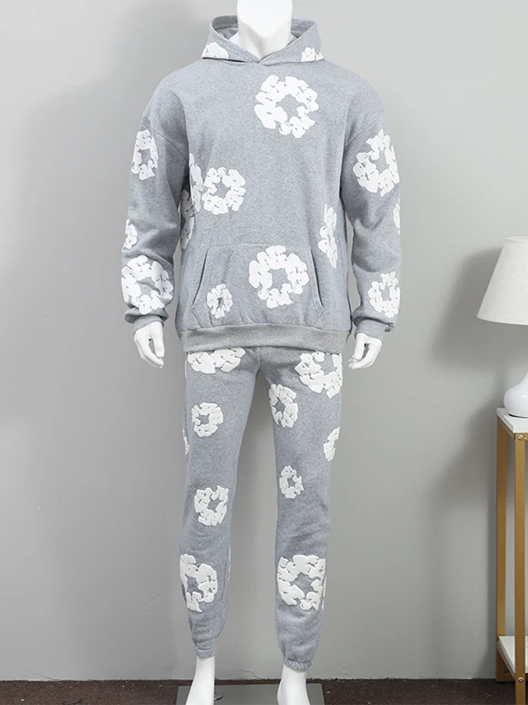 Men Flower Printed Hoodie With Sweatpants 2 Piece Set Long Sleeve Pullover Sweatershirt Suit Elastice Waist Trousers Outfits