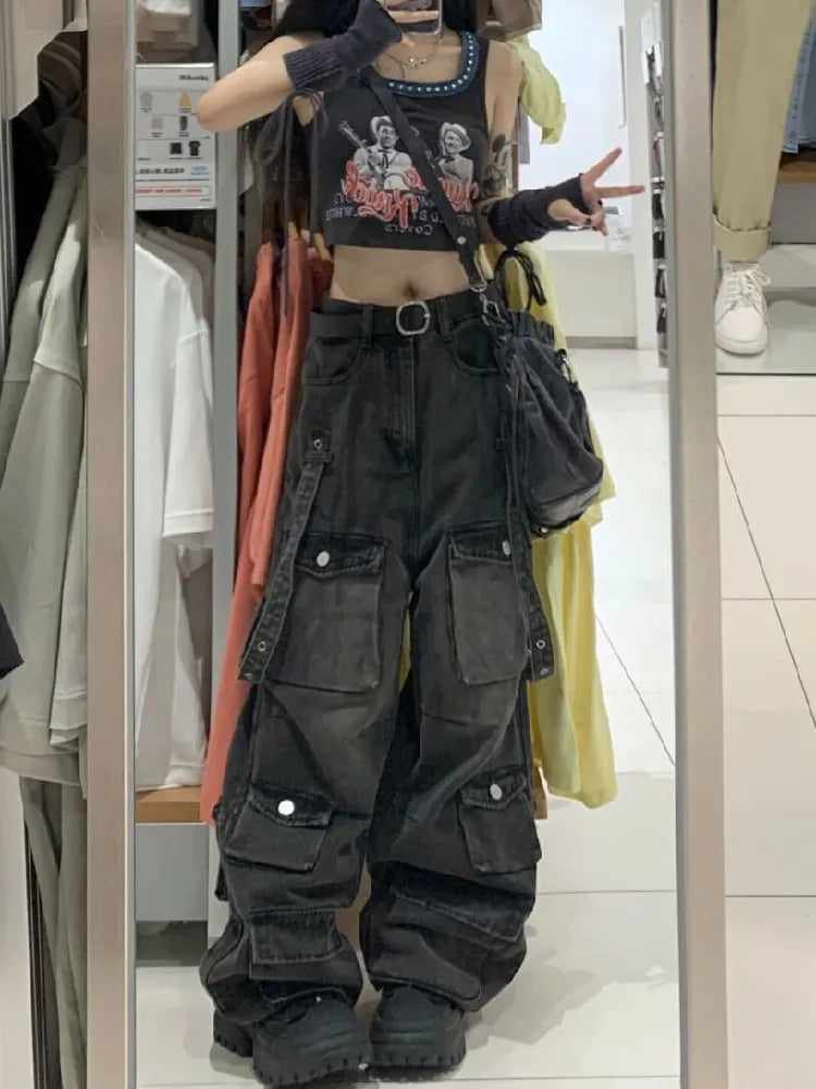 Y2k Cargo Jeans Pants Women Street Oversize Loose Multiple Pockets Female Pant 2023 Autumn Winter Vintage Hip Hop Denim Trousers