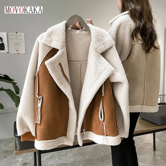 MOVOKAKA Winter Sheep Wool Coat Women Thick Warm Long Sleeve Zipper Pockets Jacket Women Fashion Leather Motorcycle Jacket Coats