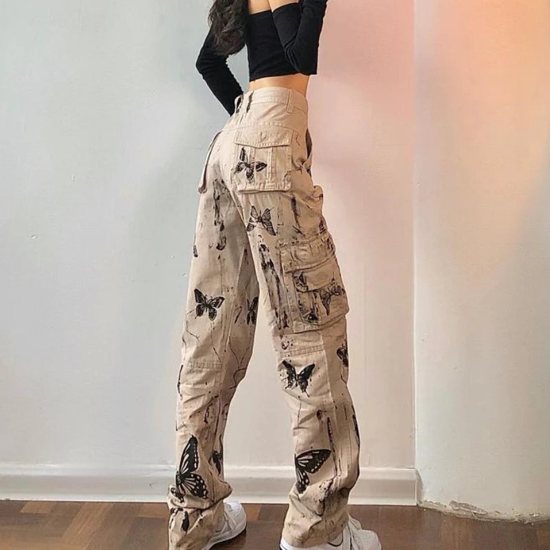 American y2k women spring Splattered ink tie-dye butterfly tooling pants  straight loose hot girl high street design pants