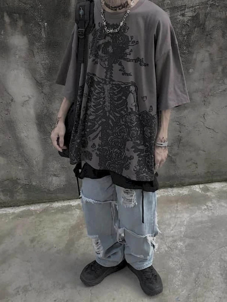 Men T-shirts 2024 Summer Streetwear High Street Gothic Skull T-Shirt Loose Oversized Short-sleeved T shirt Dark Anime Men Y2k Top