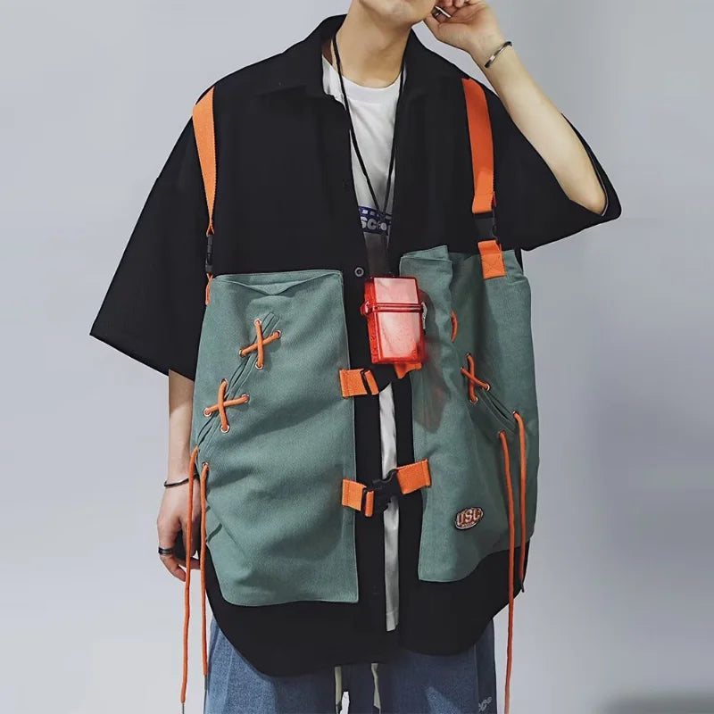 Summer Mens Oversize Set Retro Japanese Frenums Cargo Shirt+Cargo Shorts Fashion Half Sleeve Patchwork Two Piece Set for Unisex