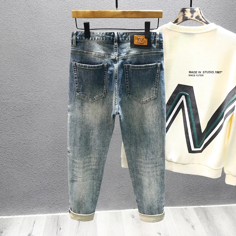 New Embroidery Stars Designer Splicing Jeans Men's Korean Fashion Retro Distressed Patchwork Stretch Slim Male Baggy Denim Trousers