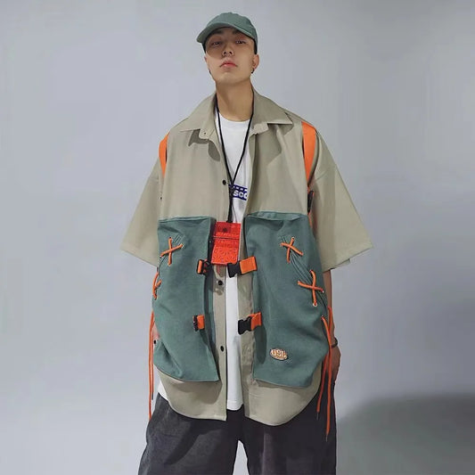 ARENS Hip Hop Oversize Cargo Shirts Men Short Sleeve Button Up Shirt Coat Harajuku Patchwork Vintage Streetwear Safari Style