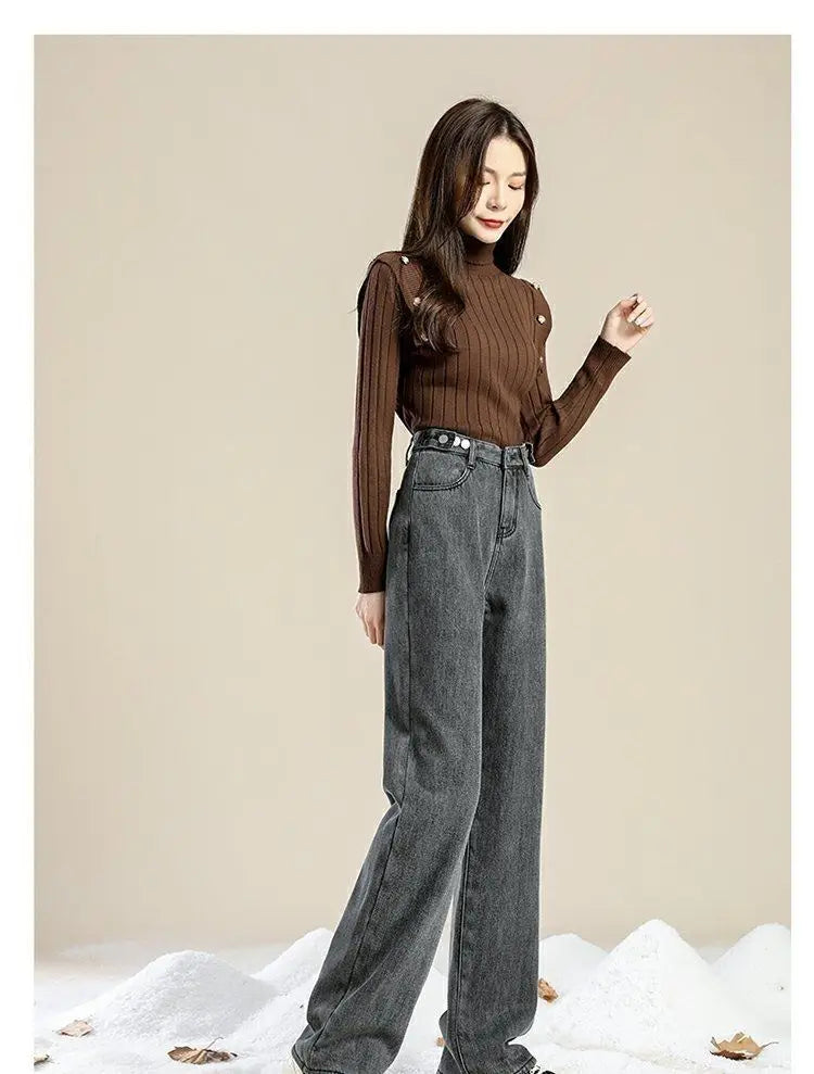 Autumn Winter Plus Velvet Loose High Waist Wide Leg Pants Casual Multi Button Thick Warm Baggy Jeans All-match Denim Trousers