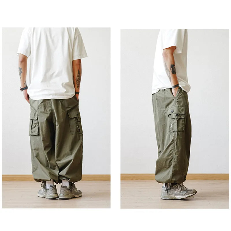 Multi-Pocket Cargo Pants Men's Casual Solid Colour Straight Pants Baggy Wide-leg Cropped Pants Men Ankle-length Pants