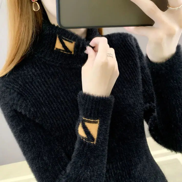 High Collar Pullover Sweater Women Mink Letter Jacquard Underlay Solid Western Knit Undercoat Autumn Winter Pullover Sweater
hoodie style