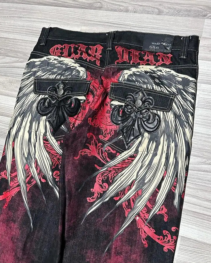 Gothic Y2 Baggy Jeans for Men Oversized Wings Pattern Tie Dye Black Denim Trousers Hip Hop Harajuku Wide Leg Pants Streetwear