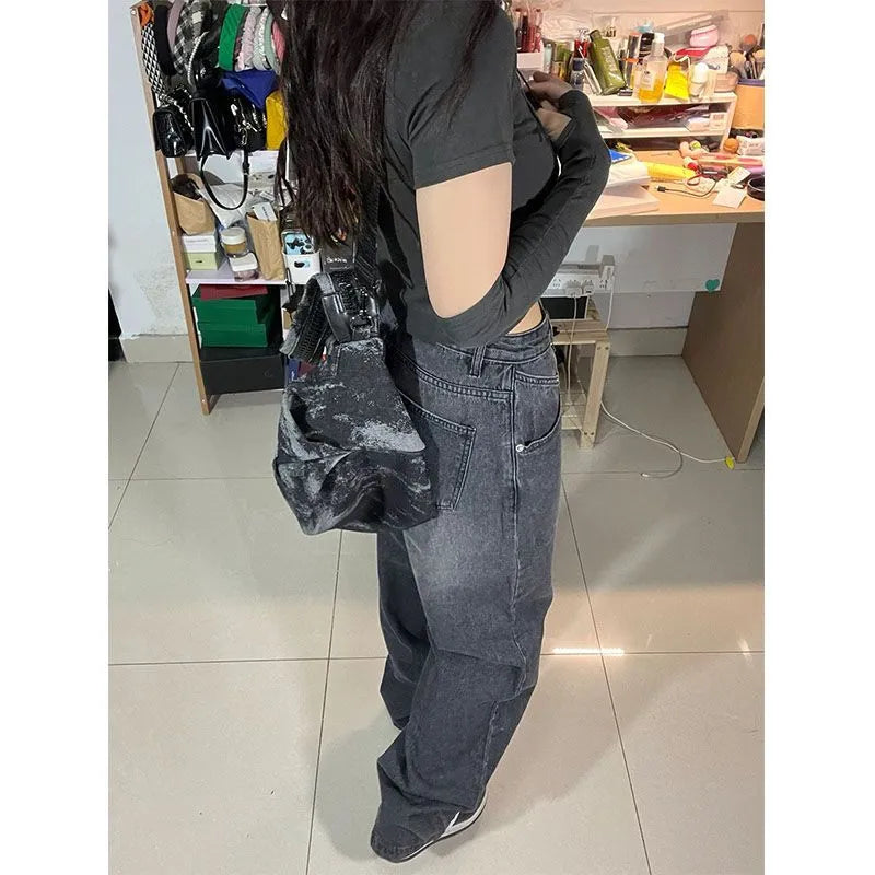 Y2k Straight Denim Trousers Jeans Women Vintage 90S High Waist Loose Wide Leg Casual Long Baggy Pants Clothing Female Streetwear