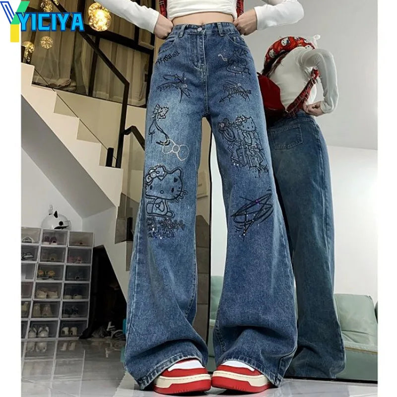 YICIYA y2k style blue jeans hellokitty Women streetwear Full Length baggy pants Denim STRAIGHT Trousers Aesthetic clothing pants