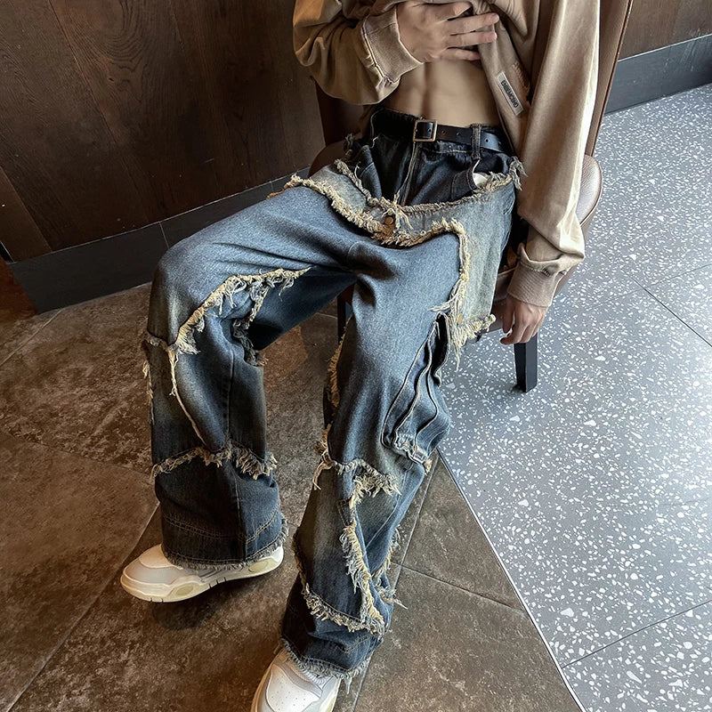 Star Tassel Frayed Straight Baggy Cargo Jeans Hip Hop Patchwork Pants Harajuku Male Female Streetwear Casual Denim Trousers