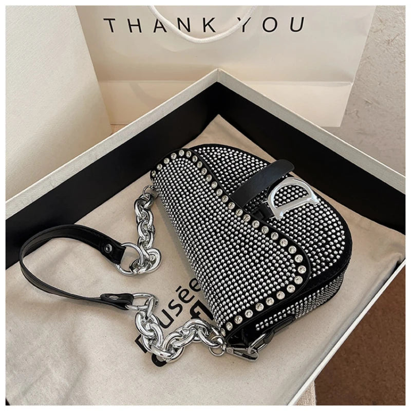 Women's Bag 2022 Trend High-Grade Thick Chain Bright Diamond Luxury Designer Crossbody Bags Free Shipping Fashion Saddle Bag