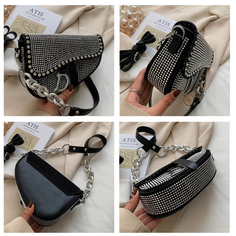 Women's Bag 2022 Trend High-Grade Thick Chain Bright Diamond Luxury Designer Crossbody Bags Free Shipping Fashion Saddle Bag