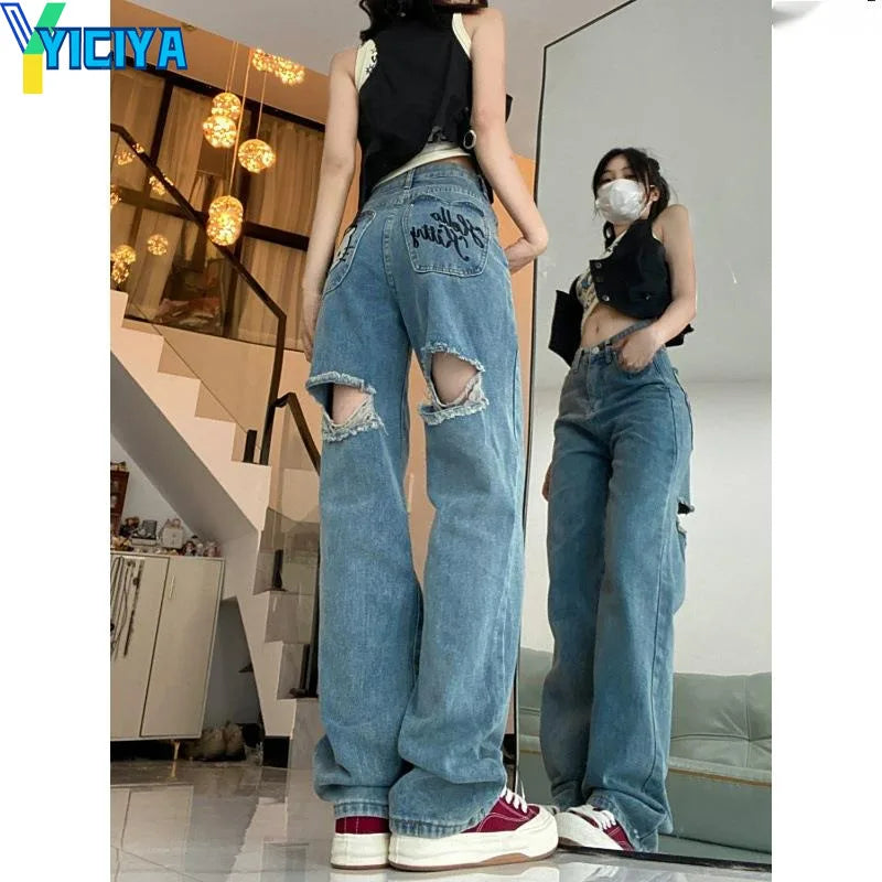 YICIYA y2k style jeans hellokitty Women Hollowed out jean Full Length baggy pants Denim STRAIGHT Trousers Aesthetic clothing New