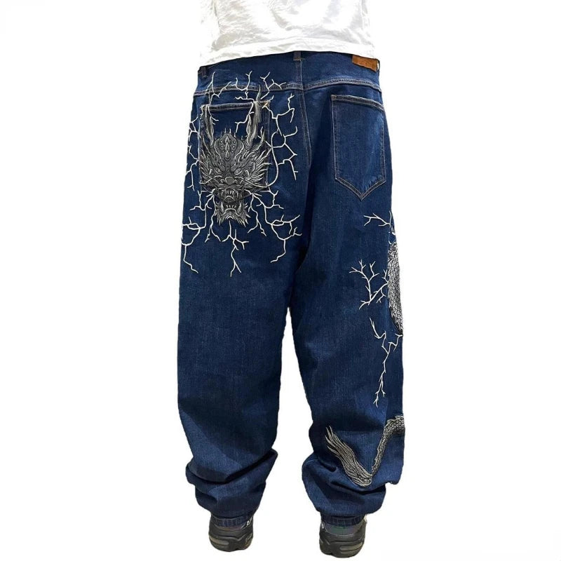 Buggy Dragon Pattern Printed Jeans Men 2023 New American Street Trend Hip Hop Loose Jeans Fashion All Match Vintage Wide Leg Pants