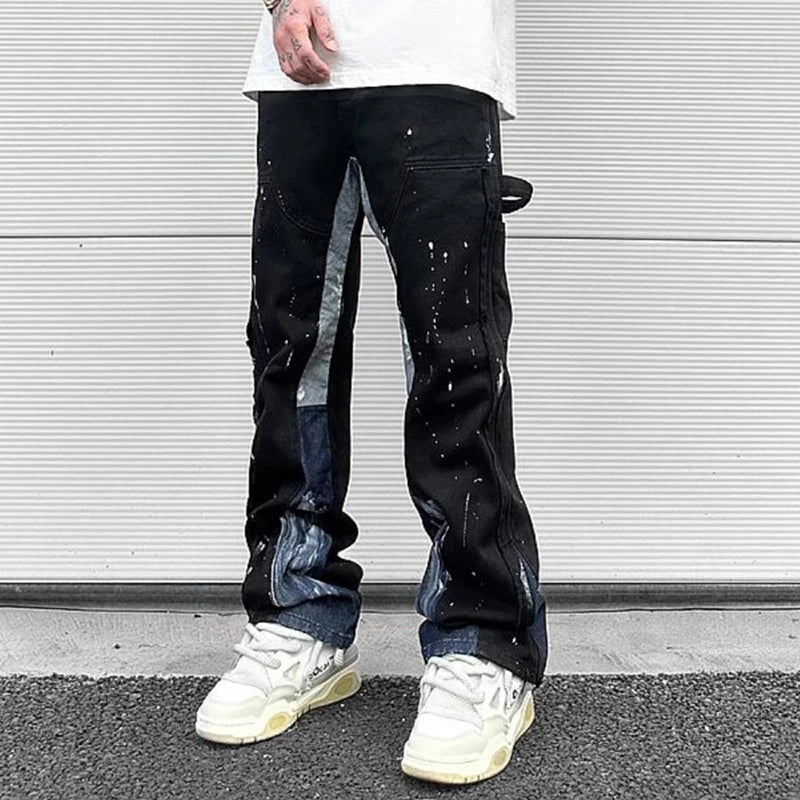 Hip Hop Contrast Color Splice Speckled Ink Paint Micro Flared Jeans for Men Straight Baggy Y2K Denim Trousers Oversized Cargos