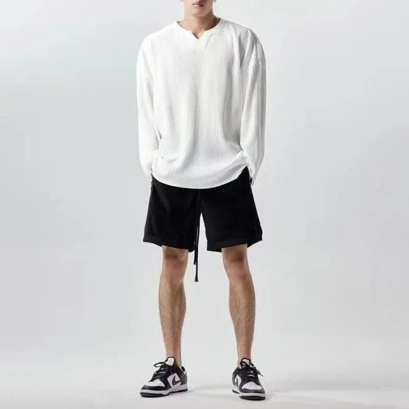 2024 New Trendy Men's Minimalist and Versatile V-neck Pit Stripe Long Sleeved Elastic Solid Casual Loose Oversized T-shirt