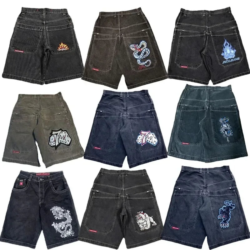 JNCO baggy Shorts Y2K New Harajuku Hip Hop Pattern Oversized Denim Shorts Mens Womens Retro Gothic Basketball Shorts Streetwear