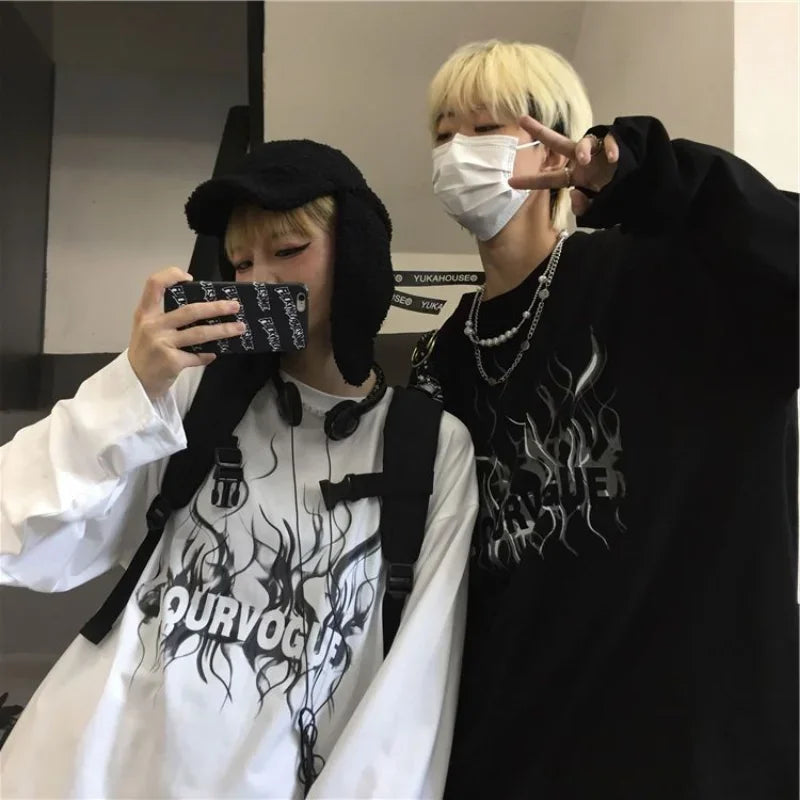 T Shirt for Men Autumn Streetwear Hong Kong Style Men's Clothing Long Sleeve T-Shirt Y2k Vintage Graphic Anime Harajuku Men Tops