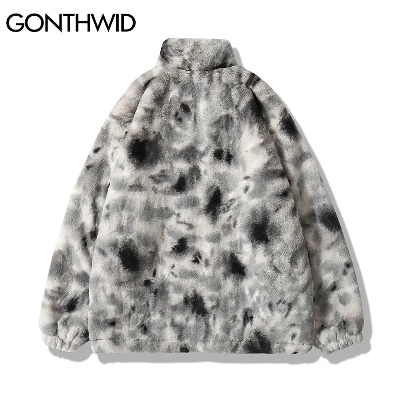 Hip Hop Winter Faux Fur Fleece Jacket Streetwear Men Harajuku Tie Dye Heart Fuzzy Jackets Warm Coats 2023 Casual Zipper Coats