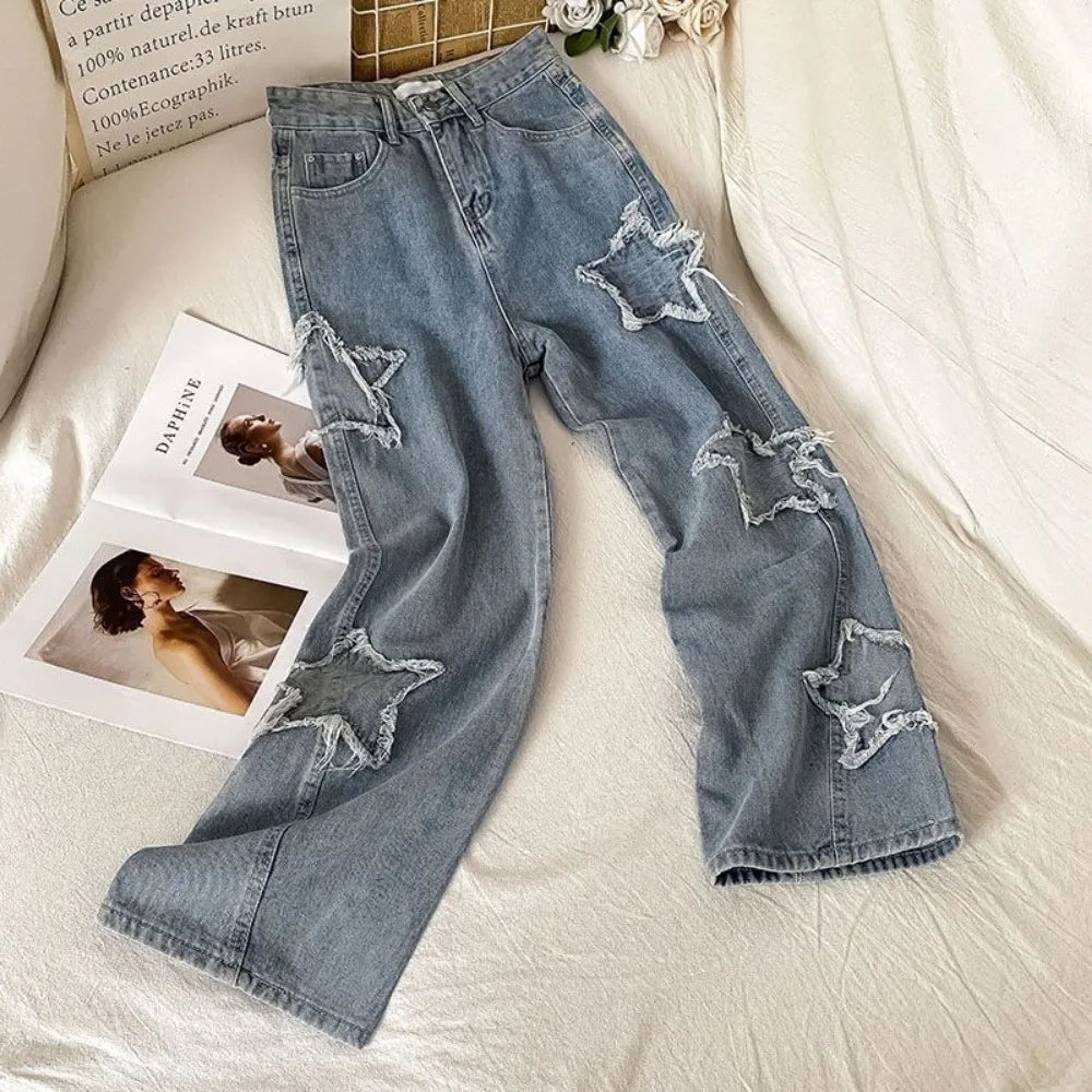 Denim Popular Ins Fashion Korean WIth Star 2023 Spring Autumn New High Waist Straight Leg Loose Fitting Jeans