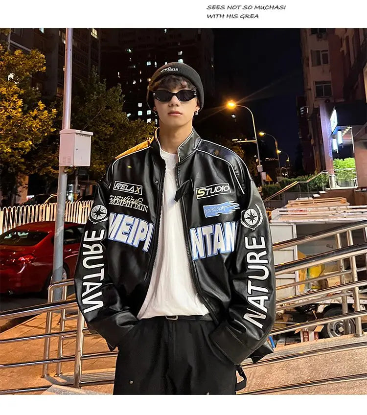 American style jacket men street motorcycle clothing hiphop trendy brand ruffian handsome y2k top men clothing leather jacket