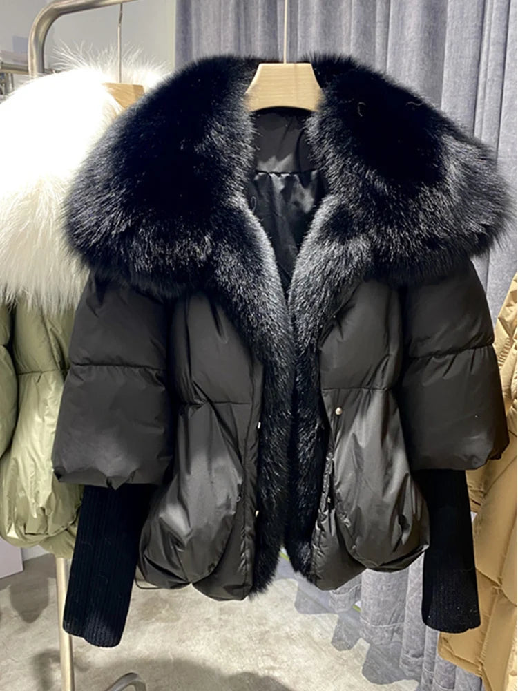 Women Puffer Coats White Duck Down Jacket Parkas Winter Large Real Silver Fox Fur Collar With Knit Sleeve Fashion Outerwear