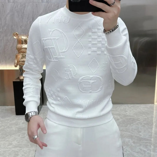 TShirt for Men O-Neck Tee Sweatshirt Autumn Winter Light Luxury Casual Jacquard Men's Fashion High-end Base Top T shirts