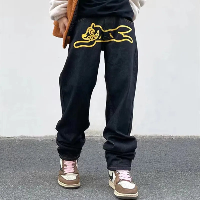 2023 New Fashion Ropa Dog Print Baggy Men Hip Hop Jeans Pants Y2K Clothes Black Straight Luxury Denim Trousers Pantalon Homme