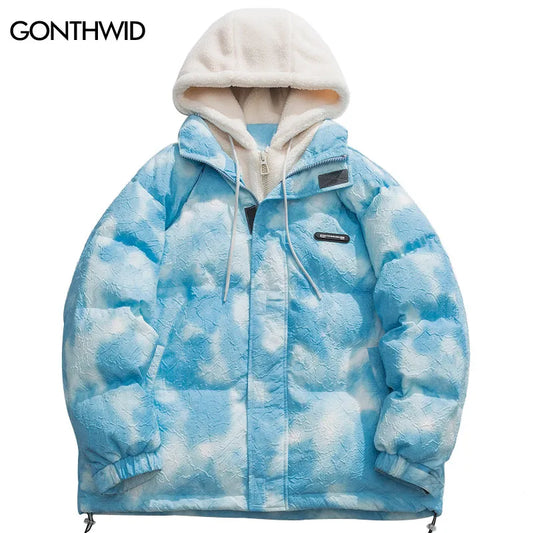 Men Winter Hooded Parka Jackets Streetwear Hip Hop Tie Dye Fuzzy Fluffy Hood Thick Warm Coats Harajuku Fashion Casual Outdoor