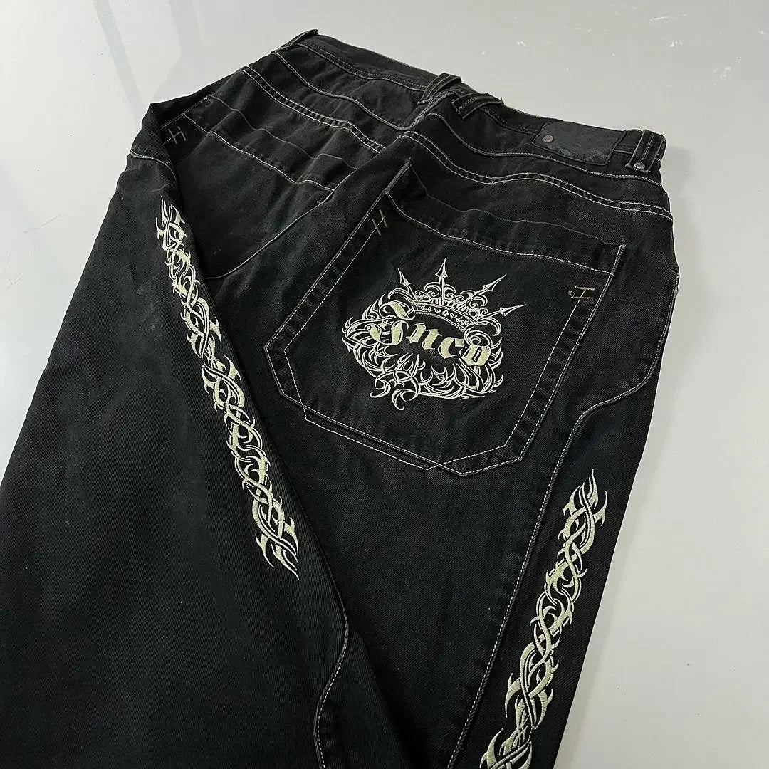 JNCO American embroidered washed jeans zipper splicing high street fashion brand Y2K retro niche loose straight Baggy pants