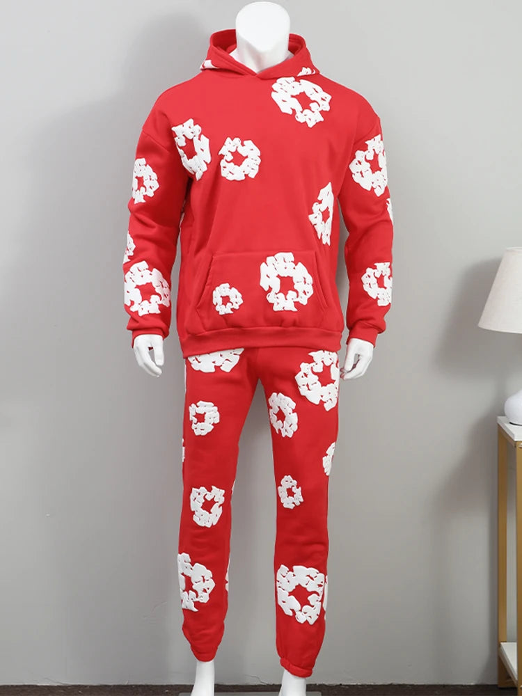 Men Flower Printed Hoodie With Sweatpants 2 Piece Set Long Sleeve Pullover Sweatershirt Suit Elastice Waist Trousers Outfits