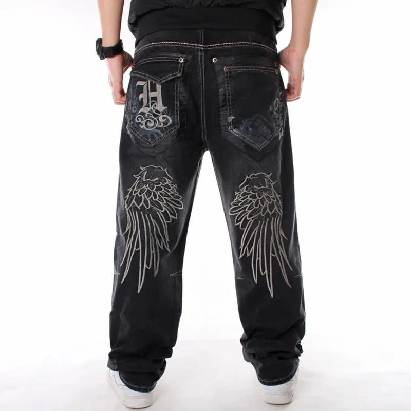 Nanaco Man Loose Baggy Jeans Hiphop Skateboard Embroidery Denim Slacks Pants Men's Black Trousers Chinese Size 30-46