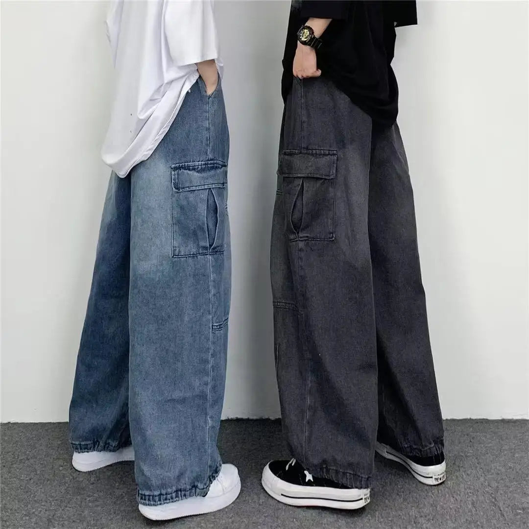 Vintage Y2K Fashion Streetwear Baggy Cargo Jeans for Men High Waisted Straight Wide Leg Pants Male Loose Denim Trousers 2023 New