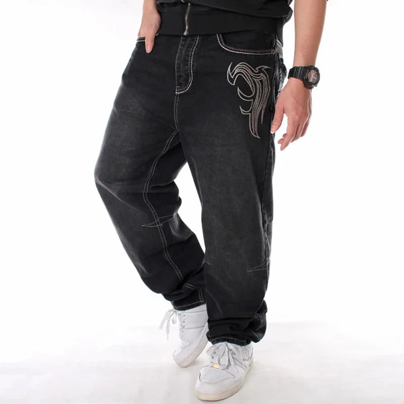 Nanaco Man Loose Baggy Jeans Hiphop Skateboard Embroidery Denim Slacks Pants Men's Black Trousers Chinese Size 30-46