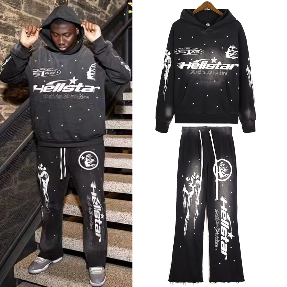 Hellstar Studios High Street Vintage Wash Old Mud Print Men's and Women's Casual Hip Hop High Quality Hoodie Pants Set