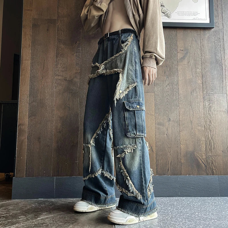 Star Tassel Frayed Straight Baggy Cargo Jeans Hip Hop Patchwork Pants Harajuku Male Female Streetwear Casual Denim Trousers