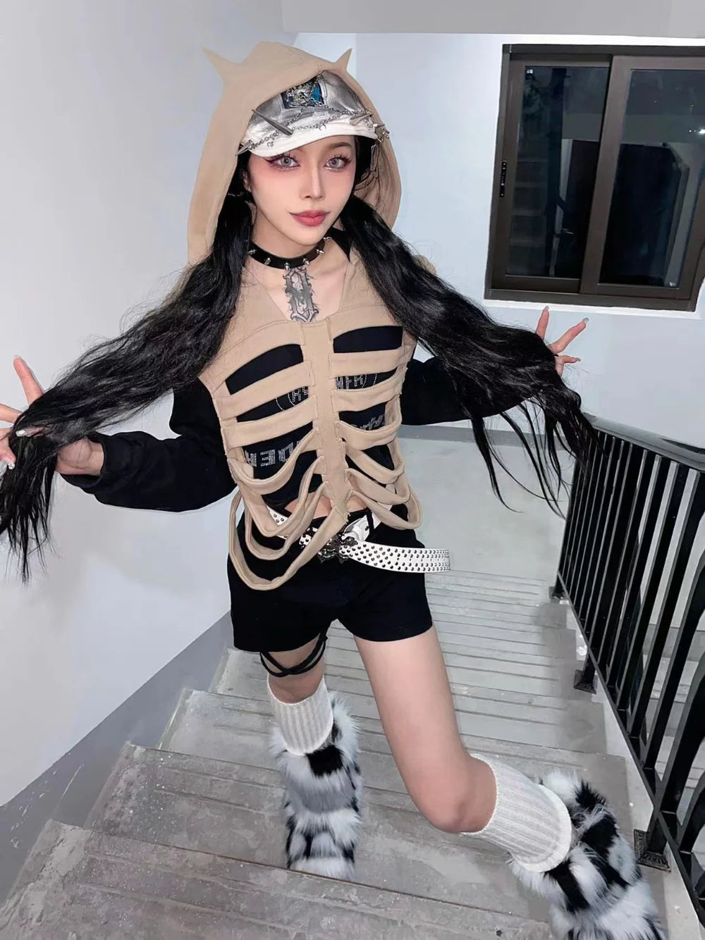 Y2k Top Original Gothic Fashion Street Old Print Skeleton Hooded Vest Tank Top Harajuku Hip Hop Crop Top Korean Fashion Clothing