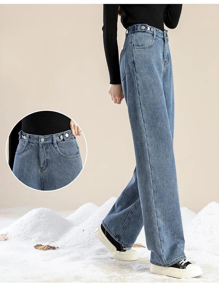 Autumn Winter Plus Velvet Loose High Waist Wide Leg Pants Casual Multi Button Thick Warm Baggy Jeans All-match Denim Trousers